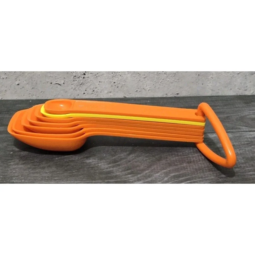 Vintage Multicolored Tupperware Measuring Spoons Set of 7 Retro Kitchen Orange